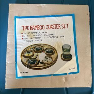 7 Piece Bamboo Coaster Set #628 With Butterflies And Dry Flowers Taiwan